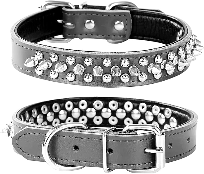 Adjustable Genuine Leather Spiked Studded Dog Collars for Small Medium Large Pets Like Pit Bull Bulldog Pugs Husky (M, Black)