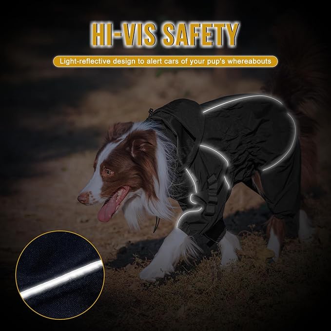 OneTigris Dog Raincoat with Hood for Medium Large Dogs, Waterproof & Reflective, 4 Legs Dog Rain Jacket Adjustable Puppy Poncho for The Rain and Snow (Black, Small)