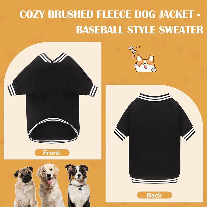 Dog Sweater Brushed Fleece Baseball Jacket Soft Warm Pet Sweatshirt Dog Sweaters for Small Dogs Puppy Sweater Boy Girl Pet(Black-XS)