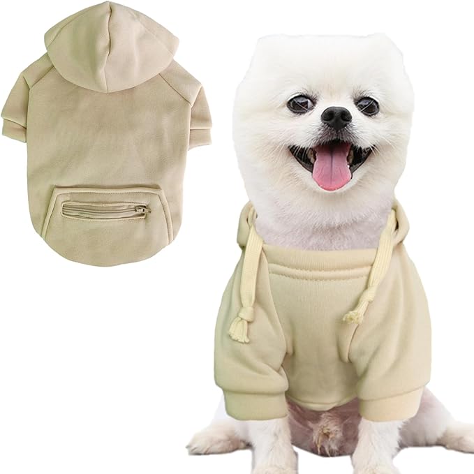 Jecikelon Pet Dog Cold Weather Coat with Pocket Winter Dog Hoodie Warm Puppy Clothes for Small Dogs Chihuahua Clothing (Beige, X-Small)