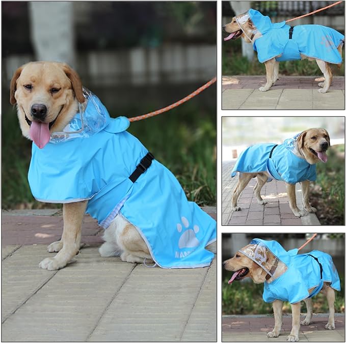 Waterproof Dog Raincoat, Reflective Adjustable Hooded Dog Rain Coat, Lightweight Breathable Pet Rain Jacket Poncho Double Layer with Leash Hole for Small Medium Large Dogs (Blue, Small)