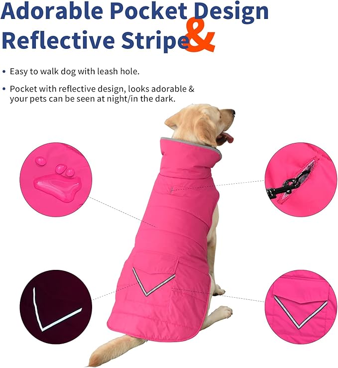 Dog Coat, Waterproof Dog Winter Jacket with Pocket, Reflective Adjustable Pet Snow Vest, Warm Cozy Fleece Sweater for Small Medium Extra Large Dogs - Pink, S