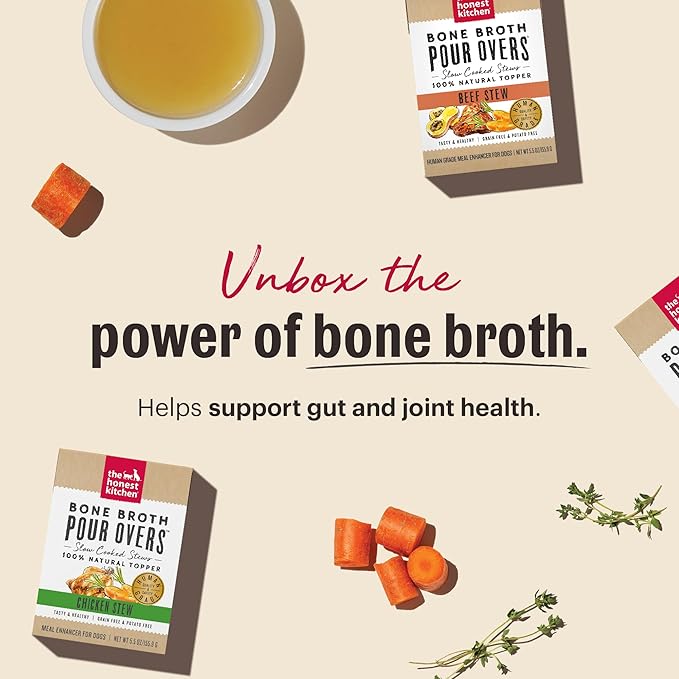 The Honest Kitchen Bone Broth POUR OVERS™ Wet Toppers for Dogs (12 pack), 5.5oz - Turkey & Salmon Stew