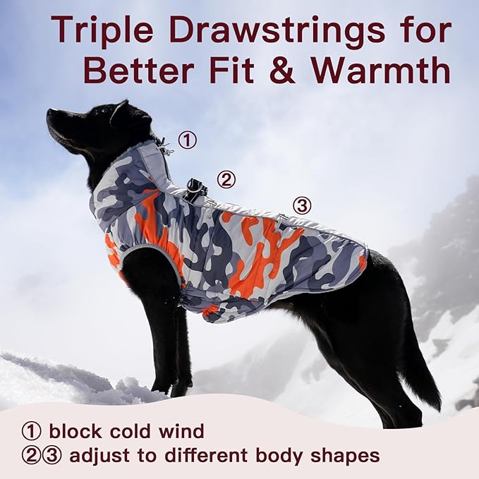 Dog Coat Dog Winter Jacke XX Large Warm Dog Coat Zip Up Snowsuit Dog Harness Vest Reflective Water-Resistant Dog Coat Dog Snow Jacket for Large Dogs Border Collie, Pit Bull, Orange-Camouflage