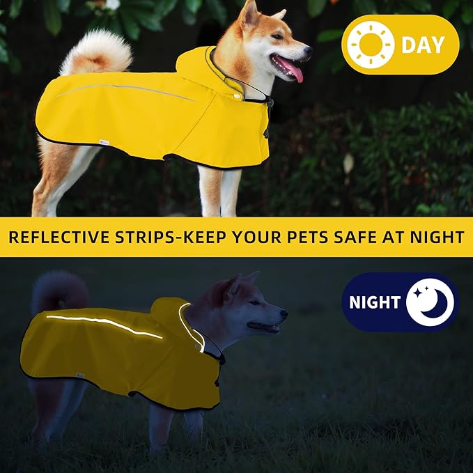 Mile High Life Dog Raincoat, Adjustable Waterproof Pet Rain Jacket, Reflective Hooded Poncho for Small Medium Large Dogs, Lightweight Breathable Pet Rain Coat (Yellow,XL Chest 31"-37")