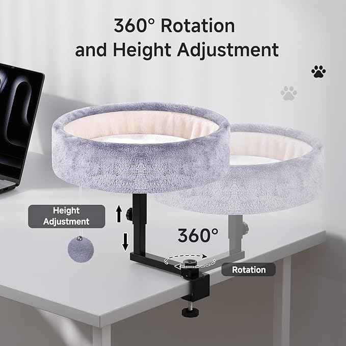 Cat Desk Bed with Heating Pad - 360° Rotating & Adjustable, Supports 44 lbs, Soft Faux Fur with Dual-sided Reversible Mat, Indoor Cat Nest Furniture for Office Desks and Game Tables, Island Table