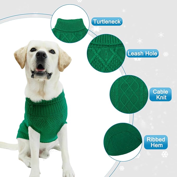 Mihachi Turtleneck Dog Sweater - Winter Coat Apparel Classic Cable Knit Clothes with Leash Hole for Cold Weather, Ideal Gift for Pet in New Year Green 3XL