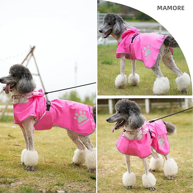 MAMORE Dog Raincoat Hooded Rain Jacket for Small Medium Large Dogs Slicker Poncho Bottom Waterproof Adjustable Reflective Breathable Leash Hole (Pink, Large)