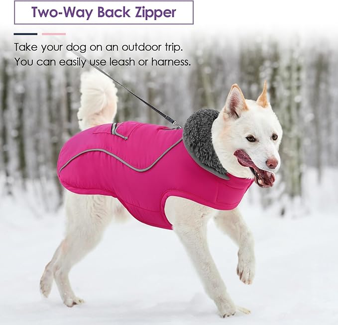 SUNFURA Dog Coat, XXXL Dog Winter Jacket, Reflective Fleece Snow Coat with Furry Collar, Waterproof Pet Puffer Jacket for Great Dane Extra Large Dogs, Hot Pink 3XL