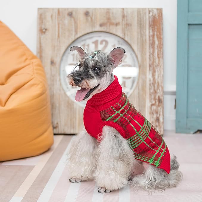 PUPTECK Dog Christmas Sweaters for Large Medium Small Dogs - Fall Outfit Classic Plaid Style Puppy Holiday Winter Coat Clothes Warm, Red & Green, XL