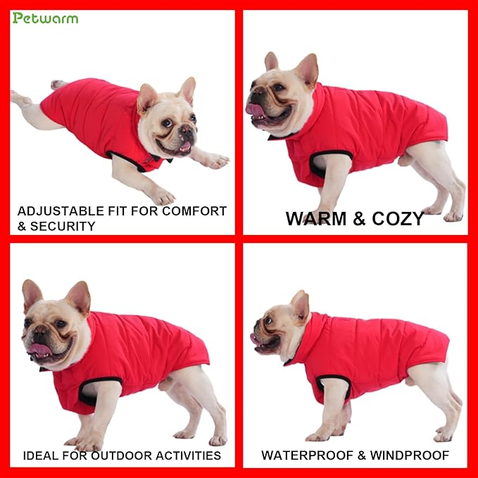 PetWarm Reversible Dog Winter Coat, Windproof Dog Puffer Vest, Soft Vest for Dogs with Hook-and-Loop Strap for Easy Dressing, Waterproof Coat for Dogs with Adjustable Fit, Red, 2XL