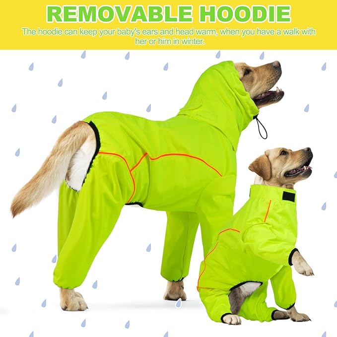 Dog Raincoat, Waterproof Dog Rain Jacket with Removable Hood，Adjustable 4 Legs Pet Poncho with Leash Hole，Reflective Stripe Hooded Snowproof Windproof Clothes for Small to 3X-Large Dogs, 2XL
