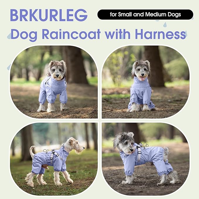 BRKURLEG Dog Raincoat for Small Dogs, Small Dog Rain Jacket with Harness Built in, Waterproof 4 Legs Puppy Raincoats, Puppy Outdoor Jacket with Reflective Strip, Purple, S