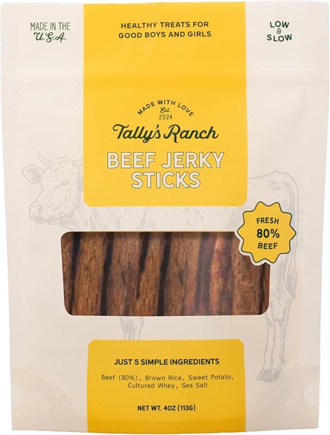 Tally's Ranch Beef Jerky Dog Treats | High Protein, 80% Beef, All Natural, 5 Simple Ingredients, No Added Sugar | Healthy Treats for Dogs | Made in The USA, 4 oz Bag