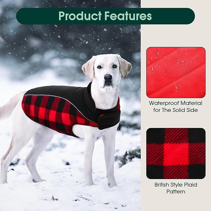 Kuoser Dog Winter Coat, Reversible Waterproof Dog Jacket with Reflective Strip, Warm Dogs Fleece Vest Adjustable Doggy Cold Weather Clothes Plaid Christmas Outfit Pet Apparel for Large Dogs, Red 2XL