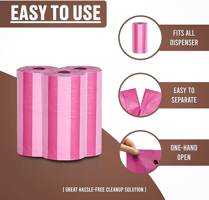 Parisian Pet Ecofriendly Dog Poop Bags Rolls - 320 Count Unscented Poop Bags For Dogs - Leakproof, Extra Thick, 16 Dog Waste Bags Refill Rolls - Striped Pink Doggie Poop Bags - Fits All Dispenser