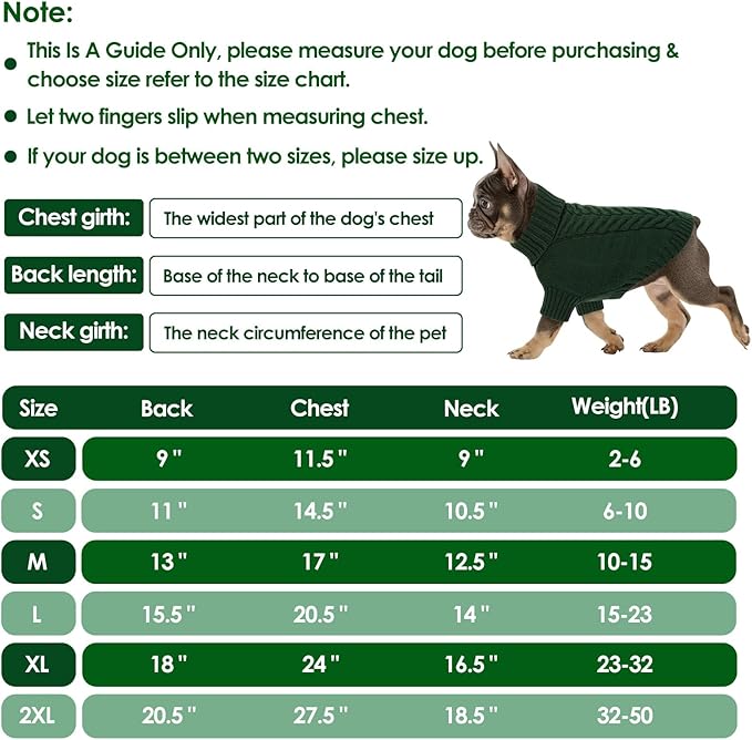 Dog Sweaters for Small Dogs Classic Turtleneck Dog Christmas Sweater Thick Warm Pullover Male Puppy Pet Stretch Knitwear Fall Winter Clothes with Leash Hole(Green, XS)