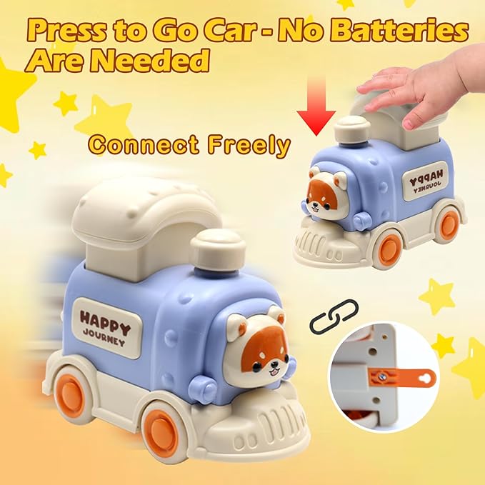 Press and Go Toddler Car Toys, Baby Push Car with Whack-A-Mole, Woodpecker Worm, Carrot Harvest Game, Train Toys for Toddlers 3-5, Racing Truck Toy, Kids Sensory Learning Birthday