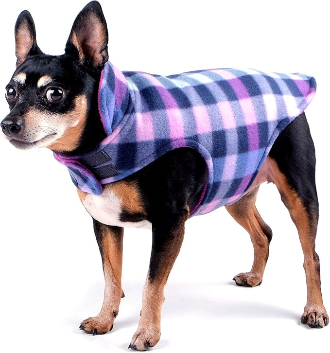 The Worthy Dog Fargo Fleece Check Dog Jacket, Adjustable Reversible with Harness Hole, Wind-Resistant, Winter Outdoor Clothes for Pets, Purple - 24''