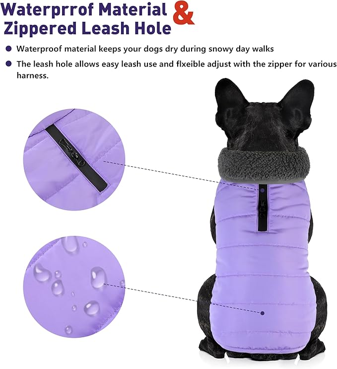 Dog Winter Coat, Waterproof Dog Jacket with Leash Hole, Reflective Adjustable Pet Snow Vest, Warm Fleece Sweater for Small Medium Large Dogs - Light Purple, S