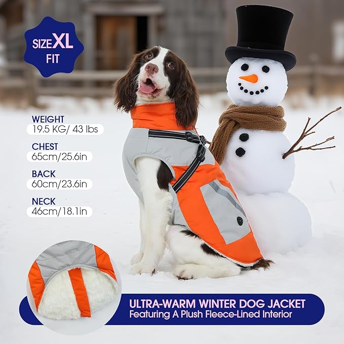 FUAMEY Dog Winter Jackets for Small Dogs,Dog Coat with Harness Built in,Waterproof Dogs Snowsuits Warm Pet Jacket Zip Up Fleece Cold Weather Coats Reflective Puppy Vest with Pocket Orange XS