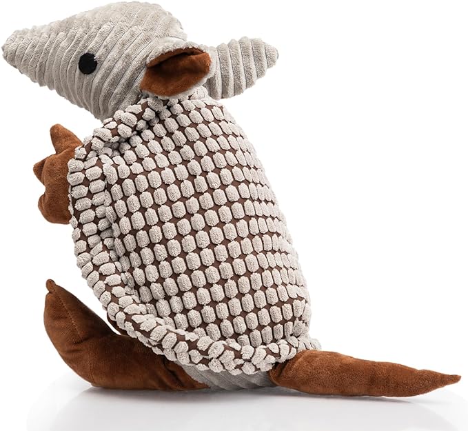 Hollypet Plush Dog Squeaky Toy Stuffed Armadillo Animal Pet Puppy Chew Toys with Clean Teeth for Small Medium Large All Breed Sizes Dogs, Gray, 10 in