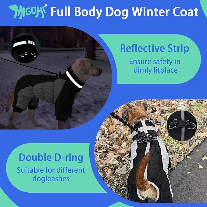 MIGOHI Full Body Dog Coat - Warm Reflective Large Dog Winter Coat with Harness,Turtleneck Fleece Jacket for Dogs,Four-Leg Windproof Puffer Jackets Snowsuit with Zipper for Small Medium Large Dogs,XL