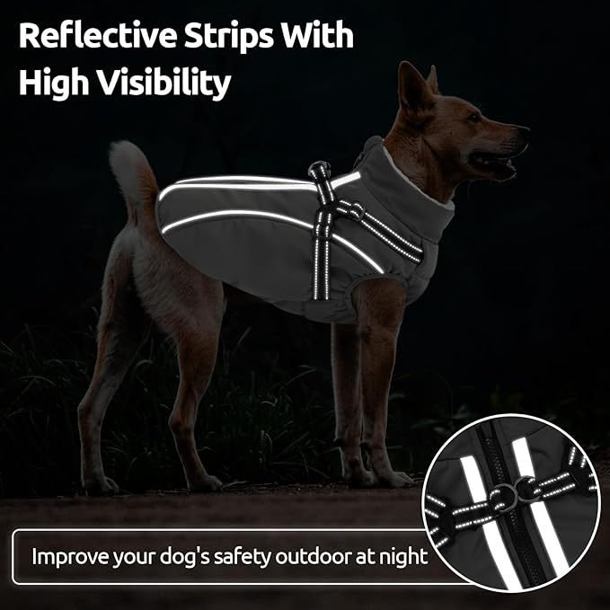 Dog Winter Coat with Harness Built in Warm Puffer Dog Jackets for Small Medium Large Dogs Windproof Waterproof Outfit with Plush Lining and Reflective Stripes (Grey, L)