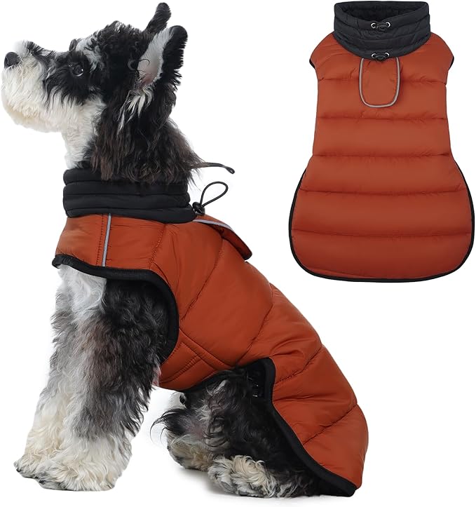 IDOMIK Dog Winter Coat, Warm Waterproof Dog Puffer Jacket with Harness Hole, Adjustable Reflective Snow Jacket Vest with Turtleneck, Pet Cold Weather Coats for Small Dogs,Caramel,S