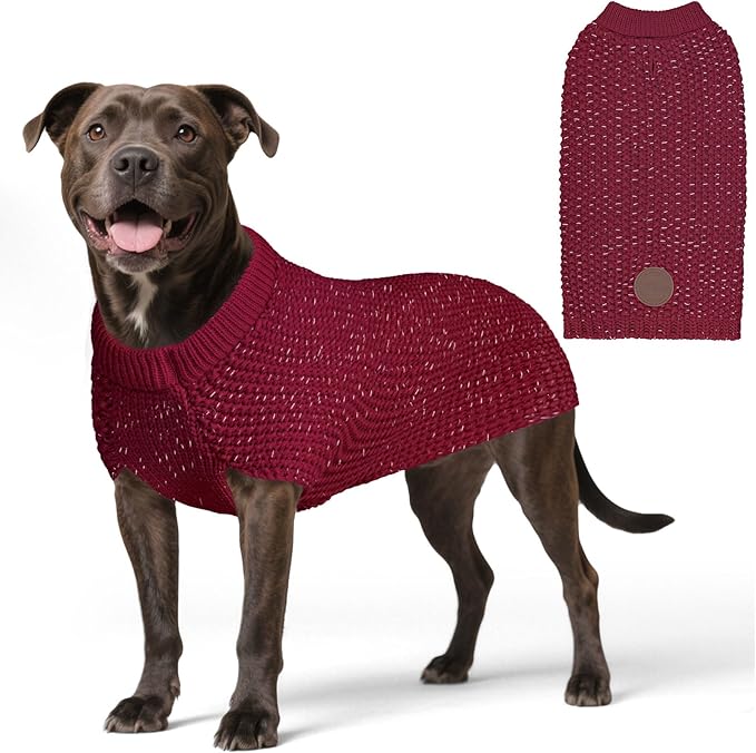 KYEESE Dog Sweater for Large Dogs with Leash Hole Warm Pullover with Reflective Yarn Male Thick Stretchy Knitwear Winter Soft Pet Coat boy for Cold Weather Comfy Dog Sweaters, Dark Red, XX-Large