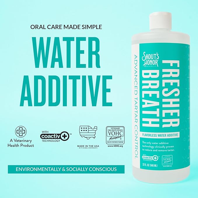 SKOUT'S HONOR Fresher Breath Water Additive, Fresh and Flavorless - VOHC Accepted for Tartar Control, Freshens Breath Fast, No Brushing Required, Great for Both Cats and Dogs, 32 oz