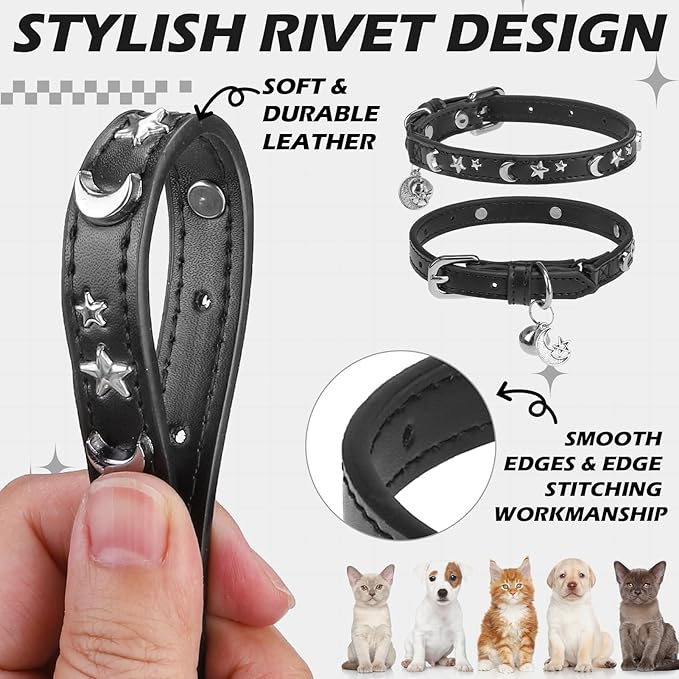 EXPAWLORER Halloween Leather Cat Collar - Adjustable Pet Collar with Rivet Spike for Girl Boy Cats, Punk Accessories with Bell & Durable D-Ring, Star & Moon