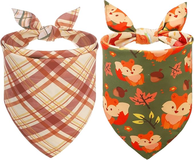 SCENEREAL Fall Dog Bandanas 2 Pack, Puppy Thanksgiving Orange Squirrel Triangle Bibs Handkerchief, Reversible Holiday Dog Bandana for Boy and Girl, Premium Pet Scarf for Small Medium Large Dogs XL