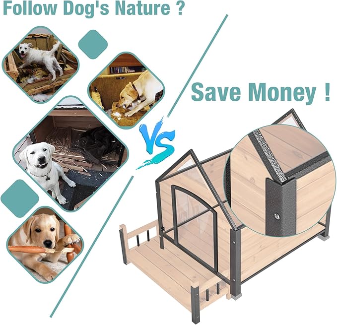 Dog House with Heating Pad, Weatherproof Outdoor Kennel for Large Dogs, Chew-Resistant Iron Frame & Asphalt Roof (Wood, L)
