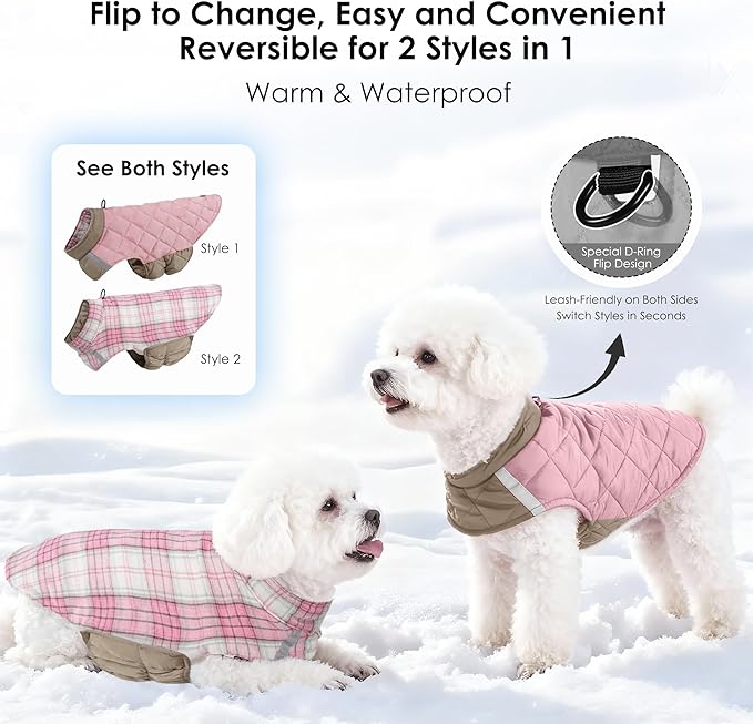 Quilted Dog Winter Coat, Plaid Lined Reversible Vest, Reflective Safety Strip, Cold Weather Pet Apparel Pink XXS