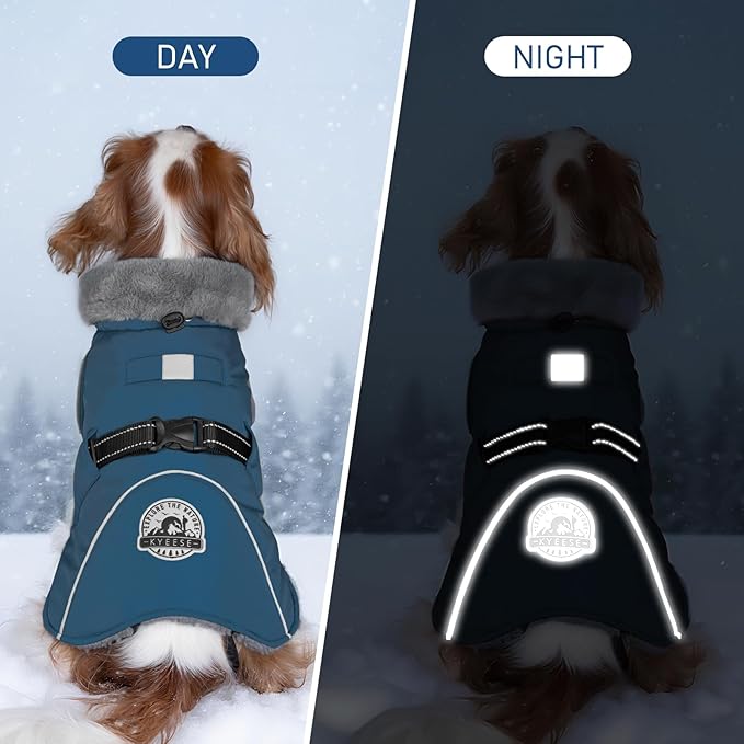 KYEESE Waterproof Dog Coat, Windproof Pet Jacket with Thick Fleece Lining, Extra Warm High Collar Dog Coats for Medium to Large Dogs with Leash Hole and Reflective Strips, Navy Blue, XX-Large