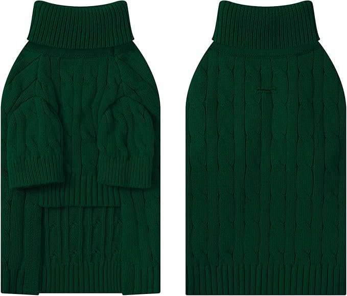 Small Dog Thermal Pullover Sweater, Classic Turtleneck Cable Knitwear Dog Clothes for Cold Weather Warm Pet Clothes for Chihuahua, Bulldog, Dachshund, Pug Green Large