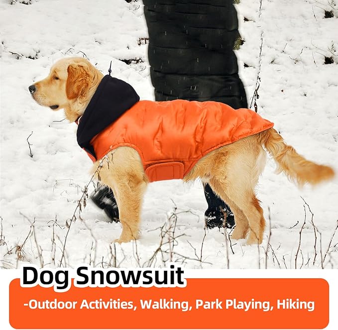 Nanaki Large Puffer Jacket for Dogs for Cold Weather-Warm Dog Winter Jacket with Leash Hole, Lightweight Windproof Puffer Vest with Hood for Outdoor Activities, Snowsuit Halloween Christmas, Orange
