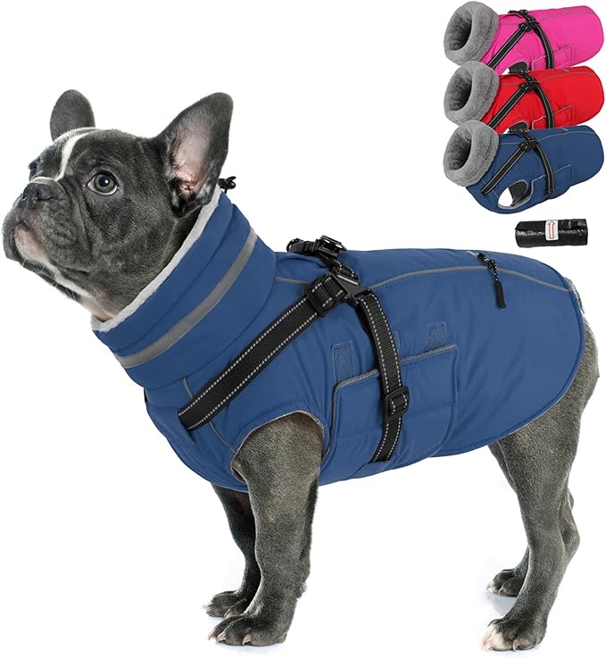 PETDSH Dog Coat Small, Built-in Harness Dog Jacket with Warm Fleece Lining, Waterproof Reflective Dogs Winter Coat, Pet Coats with Pocket and Trash Bags (Navy Blue, Small)