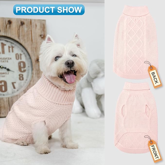 Mihachi Turtleneck Dog Sweater - Winter Coat Apparel Classic Cable Knit Clothes with Leash Hole for Cold Weather, Ideal Gift for Pet in New Year Rosy Small/Medium