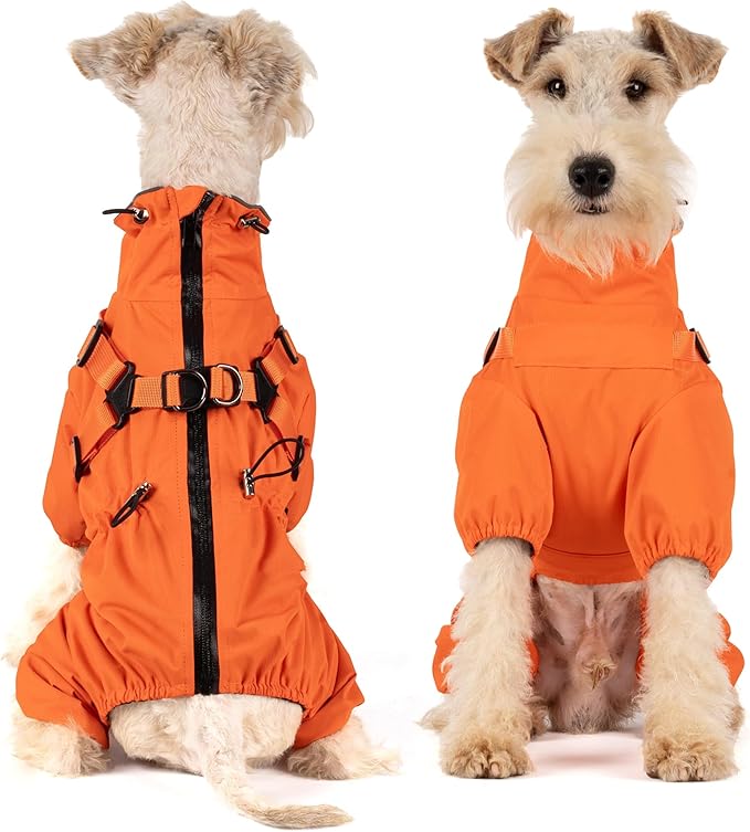 Mile High Life Waterproof Dog Raincoat, Full Coverage Small Dog Rain Coat with Harness, Adjustable 4 Legs Puppy Rain Jacket with Reflective Strip and Elastic Cuffs (Orange, S Back Length 13")