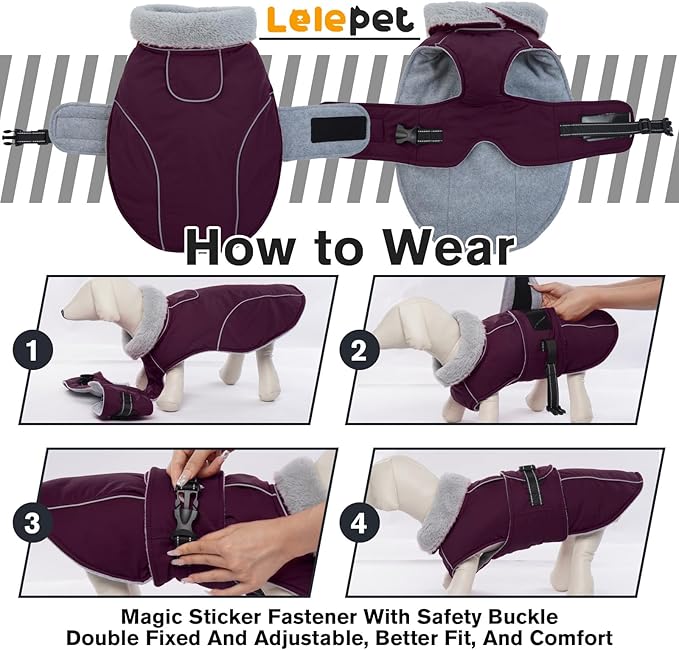 Lelepet Warm Dog Coat Waterproof Dog Jacket for Medium Dogs Reflective Fleece Vest with Adjustable Buckle Hook & Loop Windproof Cold Weather Coats for Small Medium Large Dogs, Dark Purple, M
