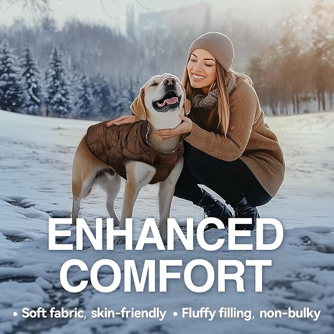 VIVAGLORY Softjoy Dog Coat, Dog Jacket for Winter & Christmas, Coat with Harness Hole & Velcro Closure, Reversible Plaid Checkered Warm Fluffy Heavy Duty for Puppy, L, Coffee