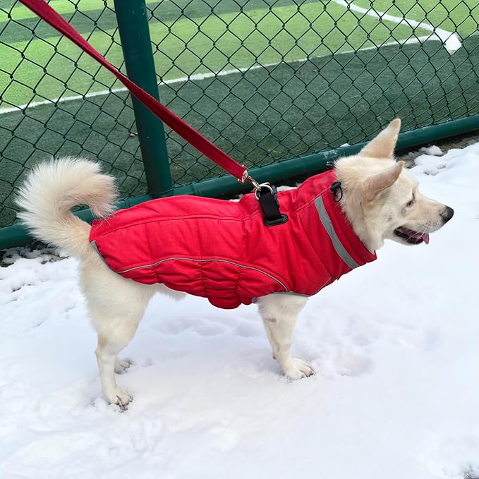 Malier Dog Coat, Reflective Dog Jacket Waterproof Windproof Puppy Cold Weather Coats with Harness Built in, Winter Extra Warm Pet Coat Fleece Vest for Small Large Pets and Puppy (Red, Small)