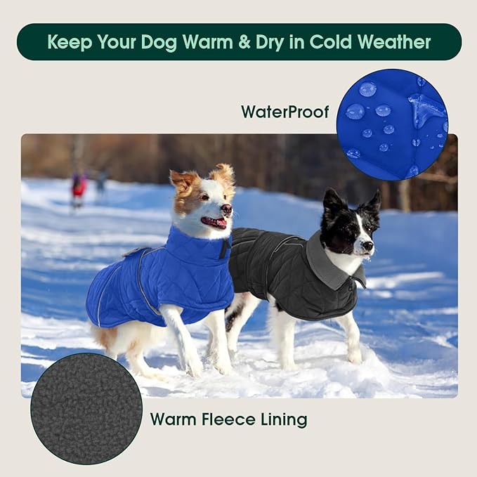 Kuoser Dog Coat, Extra Warm Dog Jacket Windproof Dogs Cold Weather Coats for Large Dogs, Fleece Lining Turtleneck Puppy Snowsuit Reflective Adjustable Pet Winter Clothes Christmas, Blue 2XL