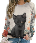 Long Sleeve Shirts for Women Cat Oil Painting Shirt 3D Graphic Sweatshirts Fall Pullover Crewneck Vintage Boho Tops