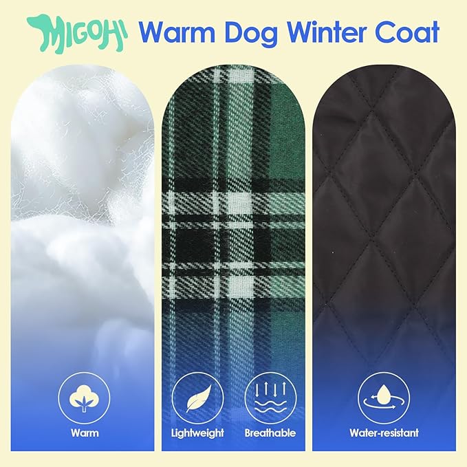 MIGOHI Reversible Dog Coat, Windproof, Waterproof Winter Jacket for Cold Weather, Plaid Dog Coats for Male Female, Green, L