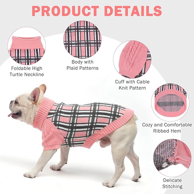 SCENEREAL Turtleneck Dog Sweater for Small Medium Large Dogs Girls Boys, Christmas Plaid Pullover Puppy Sweatershirt, Dogs Cold Weather Outfit Clothes, Ideal Gift for Pet in New Year, Pink Plaid XS