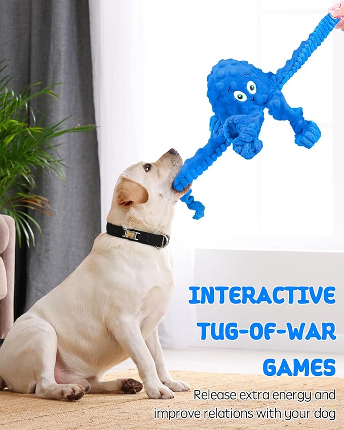 Squeaky Dog Toys, Interactive Plush Stuffed Octopus Tug of War Toy, Plush Crinkle Dog Chew Toys to Keep Them Busy, Funny Dog Toys for Small, Medium & Large Dogs - Blue