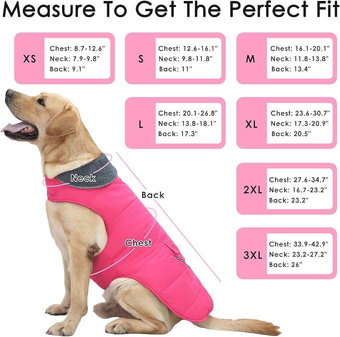 Dog Coat, Waterproof Dog Winter Jacket with Pocket, Reflective Adjustable Pet Snow Vest, Warm Cozy Fleece Sweater for Small Medium Extra Large Dogs - Pink, L